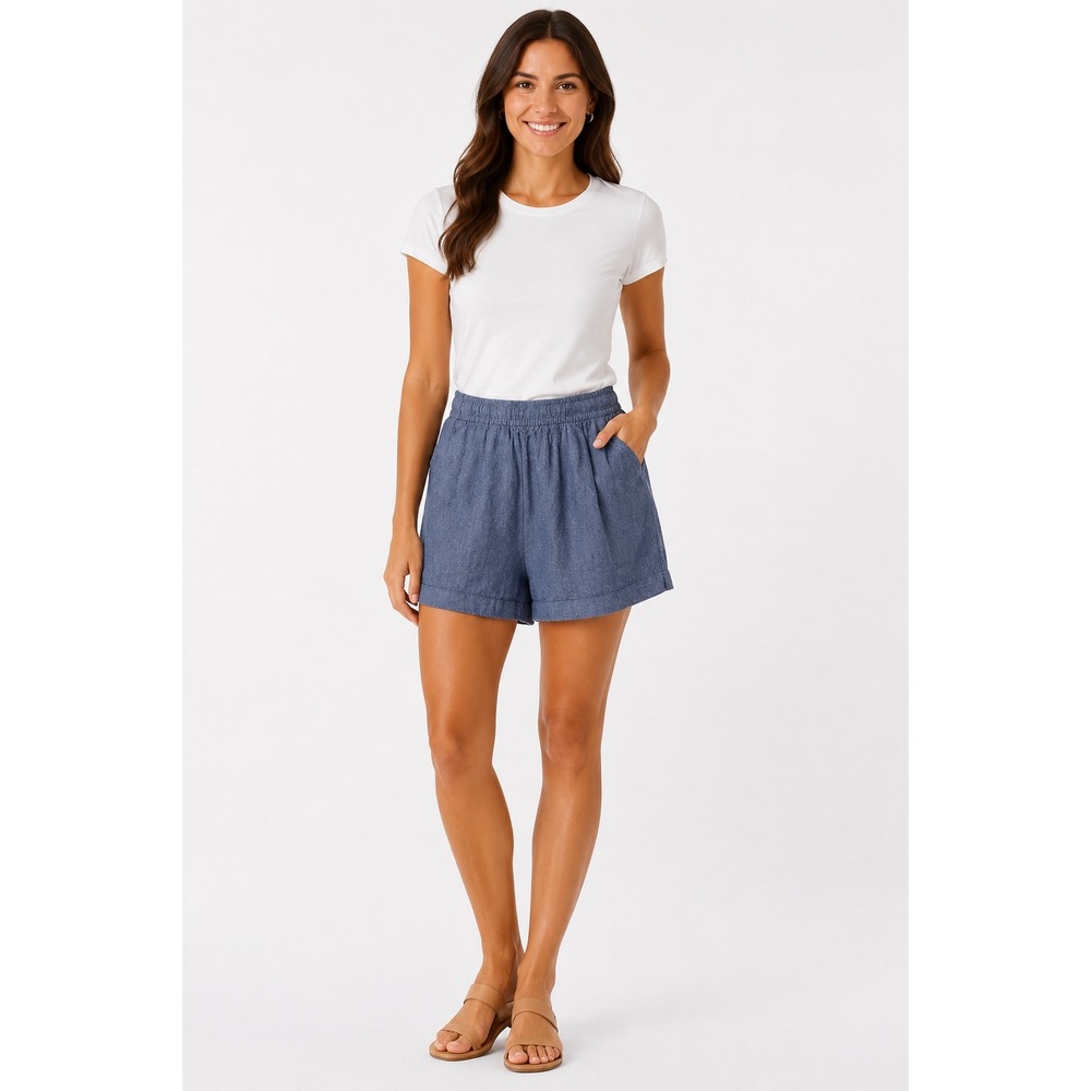 Old Navy Blue Linen Blend Elastic Waist Pull On Shorts Large Chambray Casual